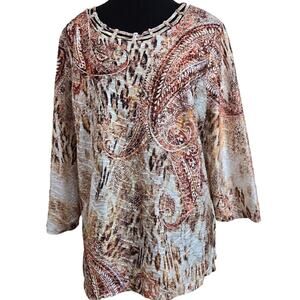 Alfred Dunner Women's Multicolor Printed Pullover Top 3/4 Sleeves Size Medium